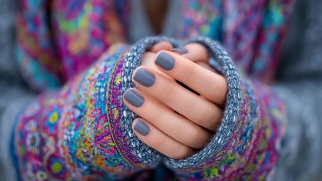 Elegant fingers with matte gray nail polish, neon abstract patterns, modern fashion-forward styling, soft-focus background enhancing sophistication