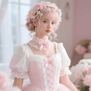 4k high quality Ai generative HD photo realistic background cute kawaii clothes clothing lolita bow ribbon silk dress design maid lace cosplay pink blue white satin bride pretty human girl doll