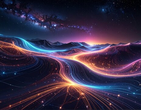 Digital art landscape featuring flowing lines with celestial background