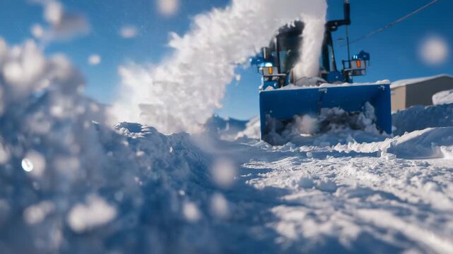 Focused view of snowblower chute ejecting icy fragments, surface below reflecting sharp crystalline textures