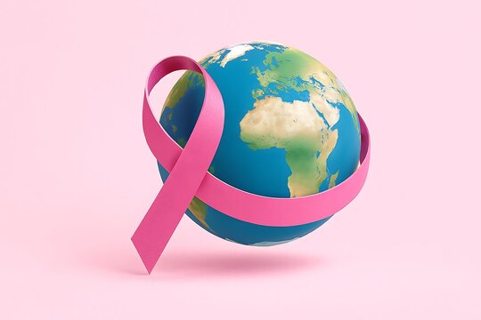 Pink ribbon around the earth symbolizing breast cancer awareness worldwide