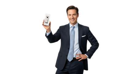 Smiling businessman in a suit holding a small device isolated on transparent background