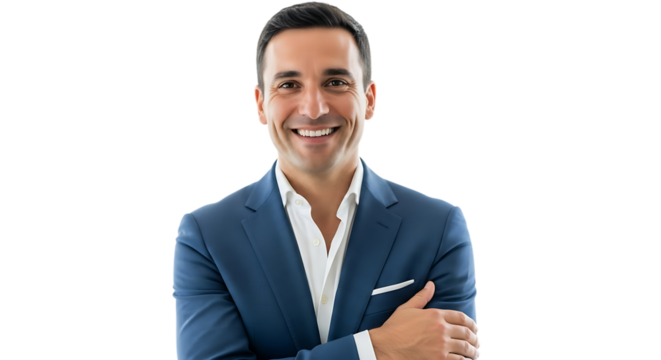 Smiling businessman in a blue suit isolated on transparent background