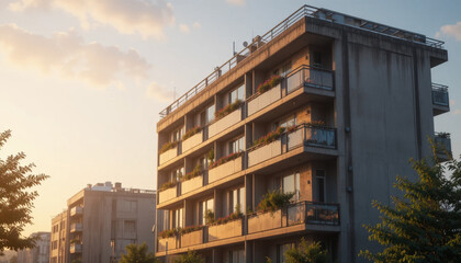 Obraz premium Modern apartment building with balconies adorned with plants is bathed in warm sunset light, creating serene urban scene. sky is partly cloudy, adding depth to tranquil atmosphere