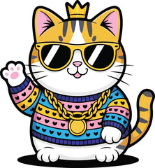 Cat Vector Illustration — Cute Hip Hop Kitty Wearing Sunglasses, Crown, Colorful Sweater and Gold Chain, Funny Stylish Pet Character Waving Paw Isolated on White Background.