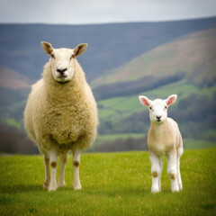 Obraz premium Ewe and Lamb Portrait in Green Pasture: A Mother Sheep and Her Baby Lamb Standing Together in a Lush Meadow with Rolling Hills in the Background