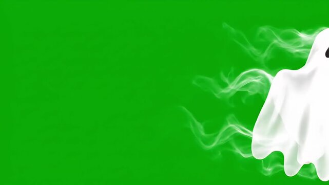 Flying white ghost on a green screen chromakey background for spooky Halloween visual effects for compositing	
