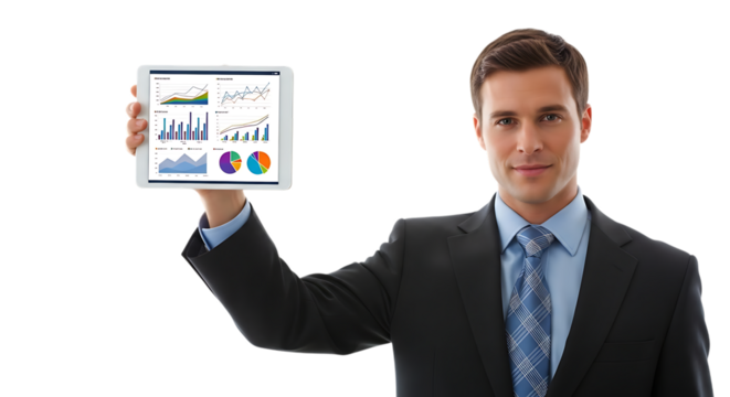 Businessman holding a tablet with financial charts isolated on transparent background