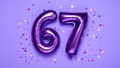 Purple balloon number 67 with confetti on solid colored background. Photo for anniversary or birthday party