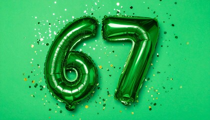 Green balloon number 67 with confetti on solid colored background. Photo for anniversary or birthday party