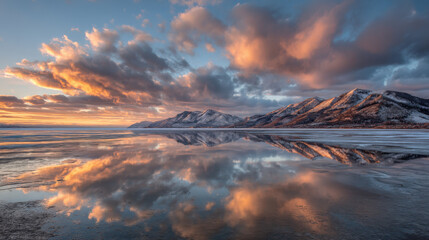 Obraz premium Majestic Winter Landscape with Snow-Capped Mountains and Dramatic Sky Reflected in Frozen Lake at Sunset, Creating a Serene and Breathtaking Scene