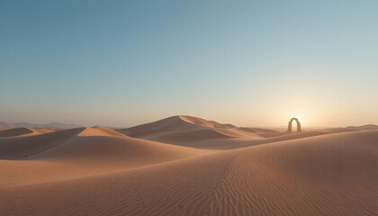 Minimalist desert dunes with ribbon shadows and single geometric stone arch sunrise scene