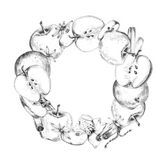 Beautiful ink drawn circle frame of apples, apple slices, cinnamon and anise spices. Black and white drawing. Fruit clipart. Hand-drawn illustration for food-themed design, packaging, printing