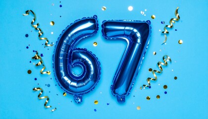 Blue balloon number 67 with confetti on solid colored background. Photo for anniversary or birthday party