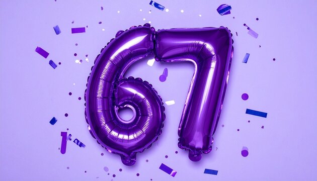 Purple balloon number 67 with confetti on solid colored background. Photo for anniversary or birthday party