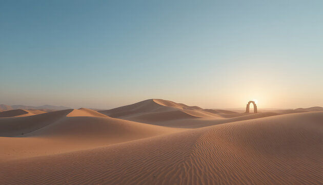 Minimalist desert dunes with ribbon shadows and single geometric stone arch sunrise scene