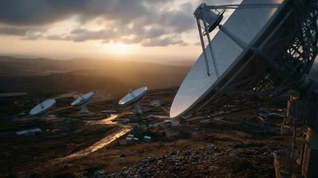 Hilltop scene with satellite dishes aimed at horizon, close-up of structural details, warm sunlight casting shadows, communication technology concept outdoors