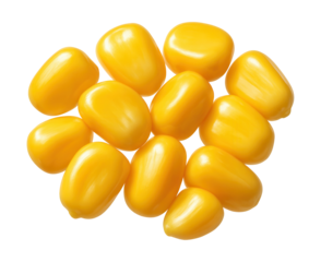 Plump, glossy corn kernels with a vibrant yellow color.