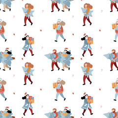 Vector winter pattern with Christmas people in flat style. Abstract people carrying gifts, a group of people carrying a Christmas tree. People are walking. Vector color illustration on a white