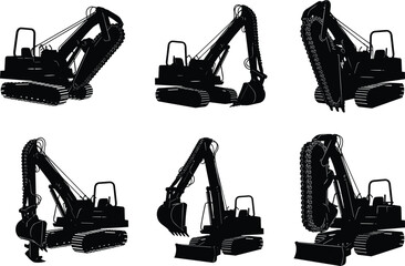 Excavator silhouette set, heavy construction machinery, digging equipment, industrial tools, tracked vehicle machines, flat vector illustration