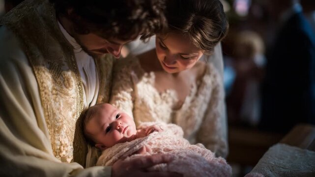 Infant being baptized in a sunlit church, soft cream and blush pink drapery surrounding the altar, gentle rays highlighting the tender ceremony
