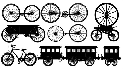 Fototapeta premium Collection of transportation silhouettes including bikes, carriages, and a train