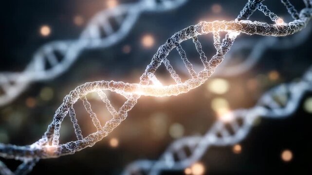Intertwined DNA helices floating in soft ambient light, shadowed background enhancing depth and intricacy, symbolizing ancestry and inherited traits