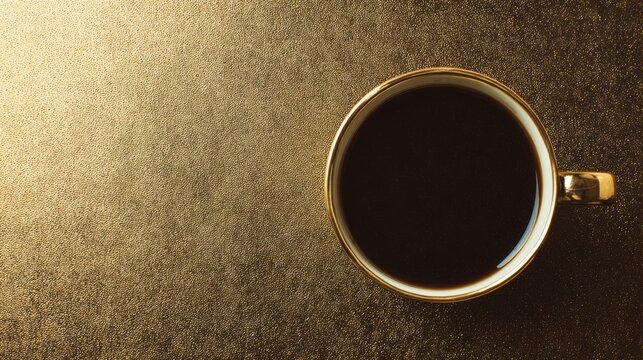 topdown. Minimalist coffee cup on a sleek gold-black surface, embodying simplicity and modern design. bar promotions, beverage menus, designed for product packaging and bar promotions.
