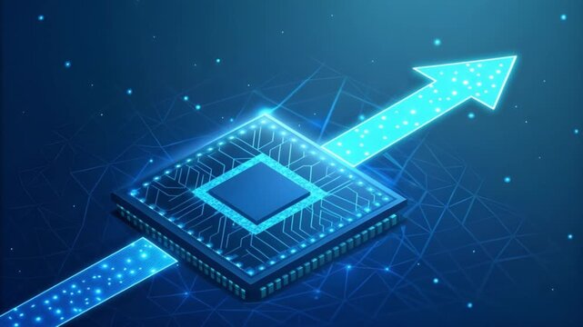Futuristic glowing blue computer processor chip with upward arrow and digital network background computer chip