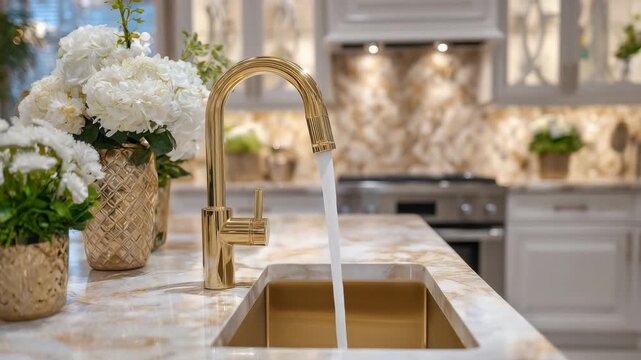 Luxury kitchen sink setup, gold faucet as centerpiece, sleek marble countertop with subtle pattern, elegant kitchen accessories in soft focus
