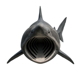 Large basking shark featuring a wide mouth and dark, patterned skin.