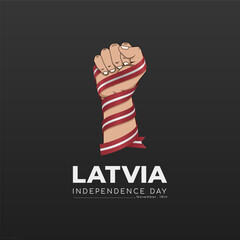 Latvian flag wrapped around a hand with a white background