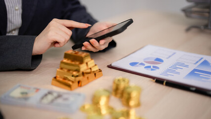Business professional hands manage gold investments mobile app market analysis financial strategy wealth growth