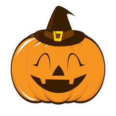 Smiling jackolantern in a witch hat ideal for halloweenthemed projects. Perfect for greeting cards, social media posts, or decorations.
