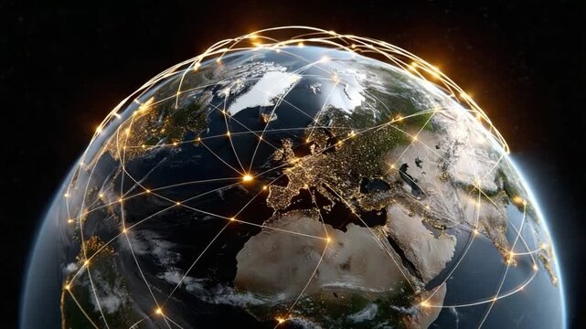Global Connections: A vibrant depiction of Earth overlaid with a network of interconnected lines, symbolizing global communication and technological advancement, set against a dark, cosmic background.