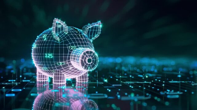 A sleek, minimalist design featuring a glowing digital piggy bank made of neon lines, Generative AI Videos.