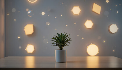 Minimalist desk with potted plant and glowing abstract shapes modern office background