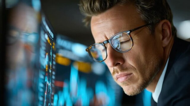 Focused Analysis: A determined professional, illuminated by the glow of data, intently analyzes intricate charts and figures. Demonstrating precision and focus in the fast-paced world of business.