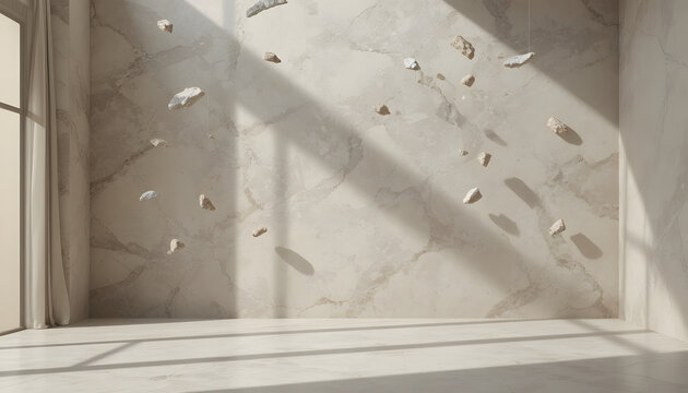 Minimalist interior with suspended terrazzo shards and soft muted gradient backdrop