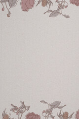 Charming retro vertical frame featuring pink roses and plant illustrations on a cardboard background.