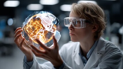 Scientist and Holographic Globe: An insightful scientist gazes intently at a holographic globe showcasing a vibrant representation of the world's energy and resources. - Powered by Adobe
