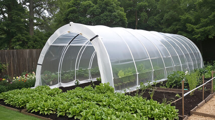 Large white tunnel greenhouse with open door in backyard vegetable garden with raised beds of leafy greens and organized pathways surrounded by lush green trees. Sustainable gardening concept