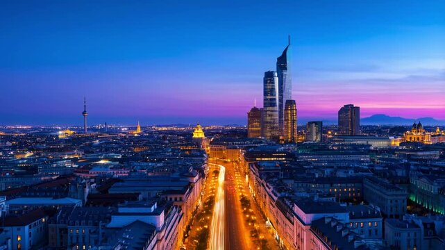 Modern city skyline at sunset with glowing streetlights and skyscrapers, vibrant evening traffic trails showing urban energy, architecture, and futuristic metropolitan development concept.