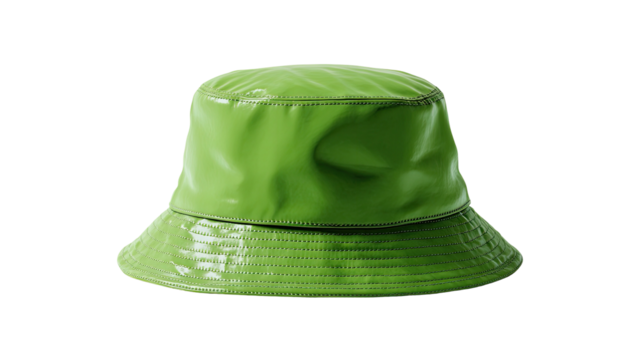 A glossy lime-green bucket hat isolated against a black background, with a shiny texture