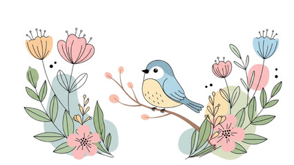 Whimsical Bird Perched on a Branch with Delicate Flowers and Leaves