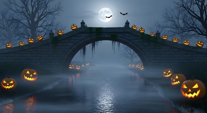 Halloween Night Jack-o'-Lanterns on Bridge Under Full Moon