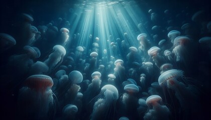 underwater scene with jeely fishes