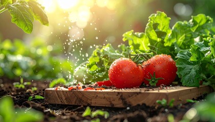 Freshly harvested garden vegetables, tomatoes, and lettuce, sprinkled with spices on a wooden cutting board in sunlight