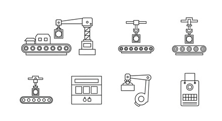 Linear industrial icons depicting factory automation machinery and robotic arms