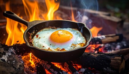 Delicious Fried Egg Cooking in a Cast Iron Skillet Over an Open Campfire